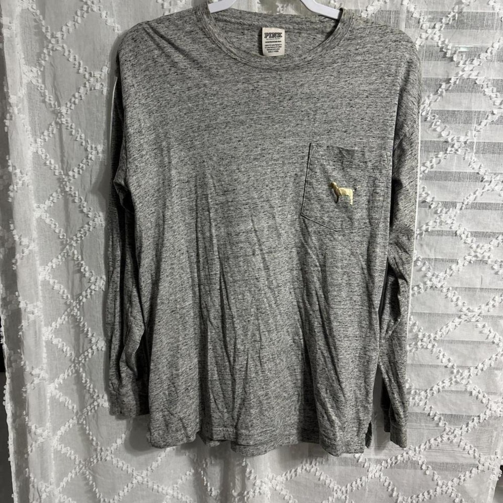 Victoria's Secret PINK Long Sleeve Pocket Tee Heather Gray Gold Sequin Dog Logo